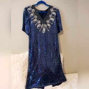 Jewel Queen Large Vintage Silk Blue Sequin Zip Up Dress